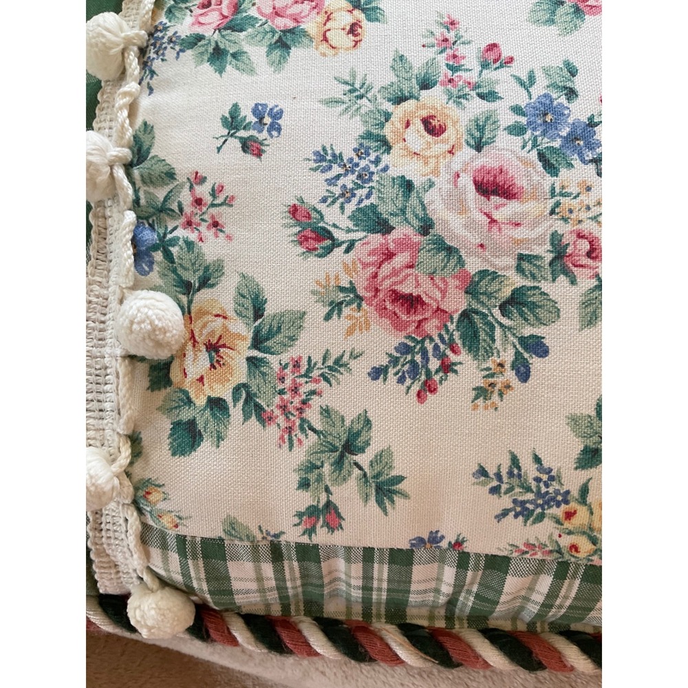 Vintage Floral Plaid Decorative Throw Pillow Pom Pom Trim Rope Edge Green Pink - Picture 4 of 11